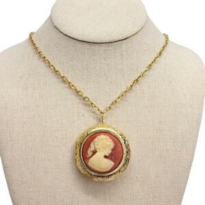 Vintage Gold Tone Cameo Locket Necklace Victorian Revival Photo Pendant Charm